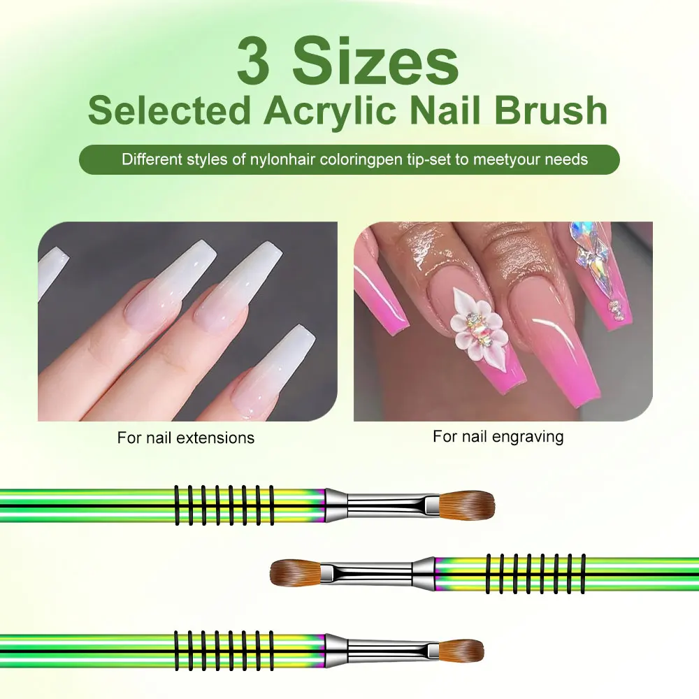Kit de pinceaux pour Nail Art en acrylique, 3 pièces, poudre acrylique professionnelle, brosse à ongles étendue pour Nail Art, gravure 3D, outil de Salon de Nail Art