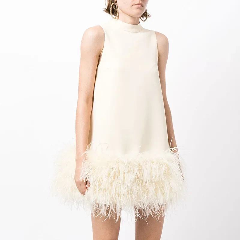 Ostrich Feather Short Skirt 2024 Summer Niche Design Half-high Collar Sleeveless Solid Color Straight Dress White Dress Women