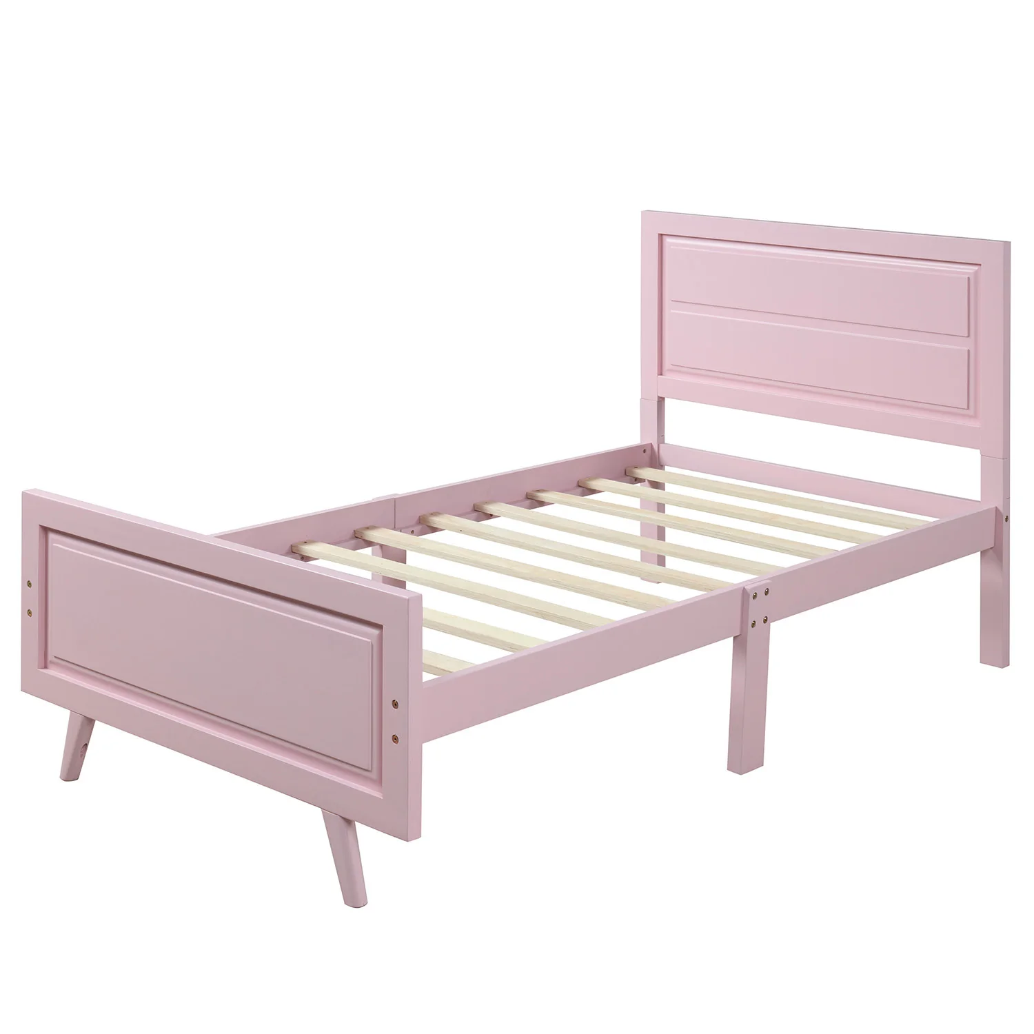 Wood Twin Platform Bed Frame with Pink Headboard & Slat Support