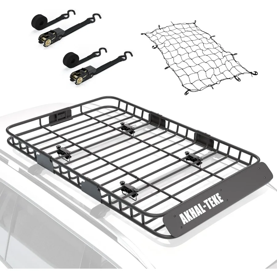 Roof Rack Basket Upgraded 64 x 39 x 4 Roof Rack Cargo Carrier with 3' x 4' Super Duty Bungee Cargo Net and 2 pcs Ratchet Straps