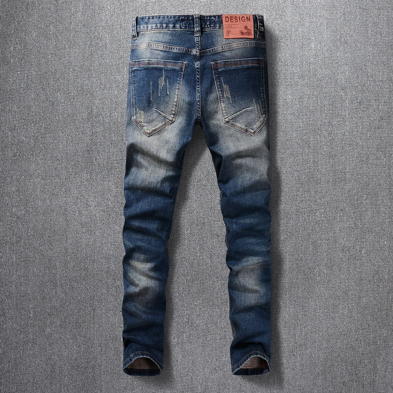 Fashion Streetwear Men Jeans Retro Washed Blue Elastic Slim Fit Ripped Jeans Men Embroidery Designer Vintage Denim Pants Hombre