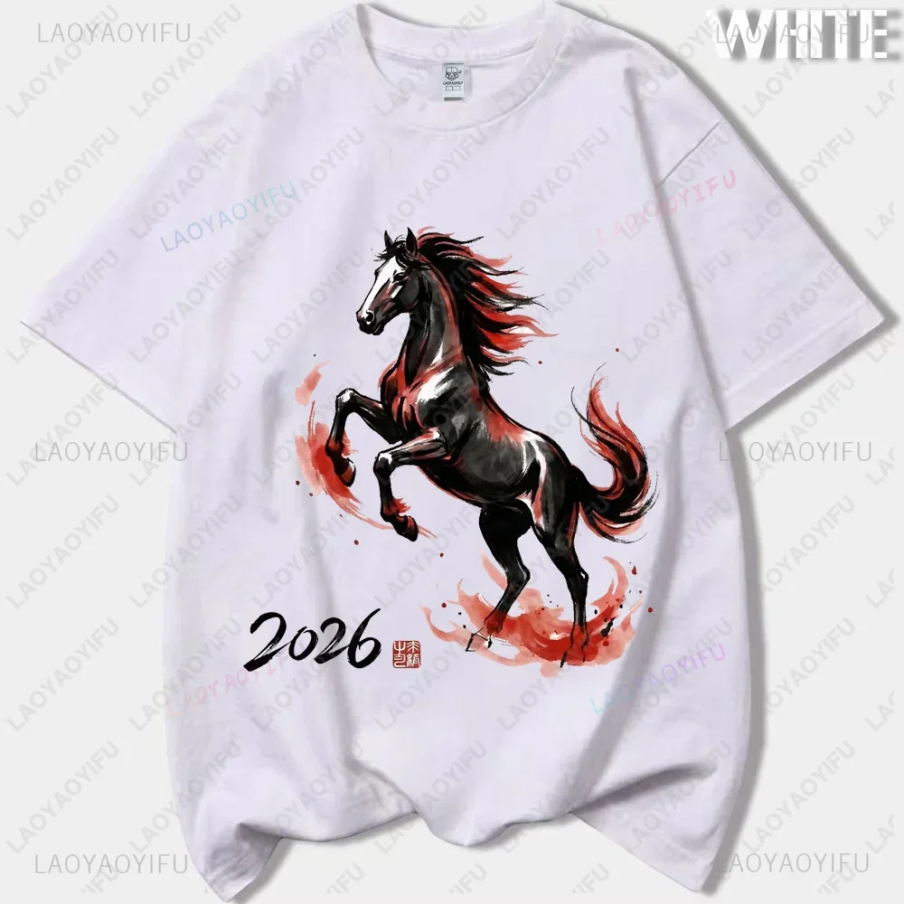 Horse New Year 2026 Chinese Zodiac Graphic Novelty Printed Cotton Tees Fashion Casual Streetwear Hip-hop Hipster Tops T-Shirt