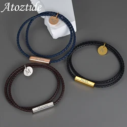 Atoztide Personalized Engrave Name Bracelet For Men Women Stainless Steel Braided Leather Rope Bangle Couple Family Jewelry Gift