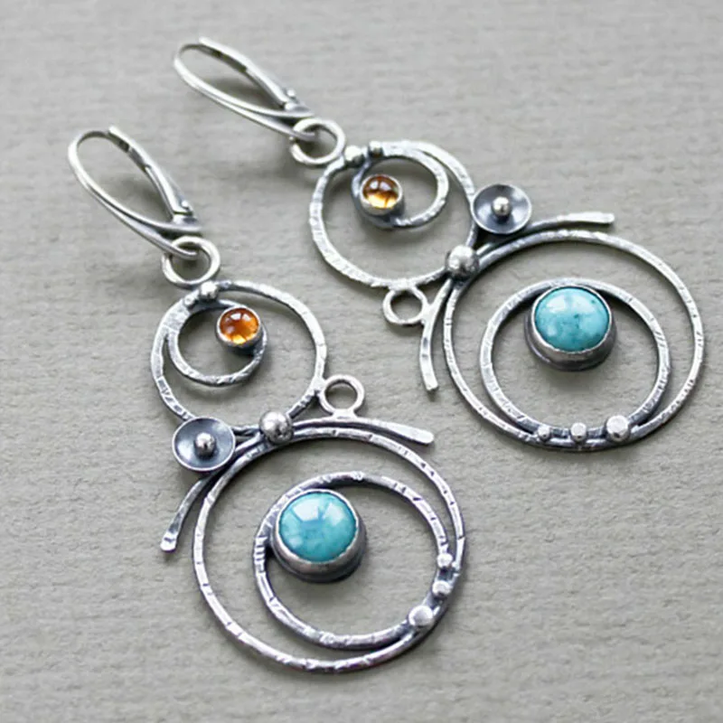 Bohemian Round Blue Stone Earrings Handmade Jewelry Metal Silver Color Hand Engraved Round Dangle Earrings