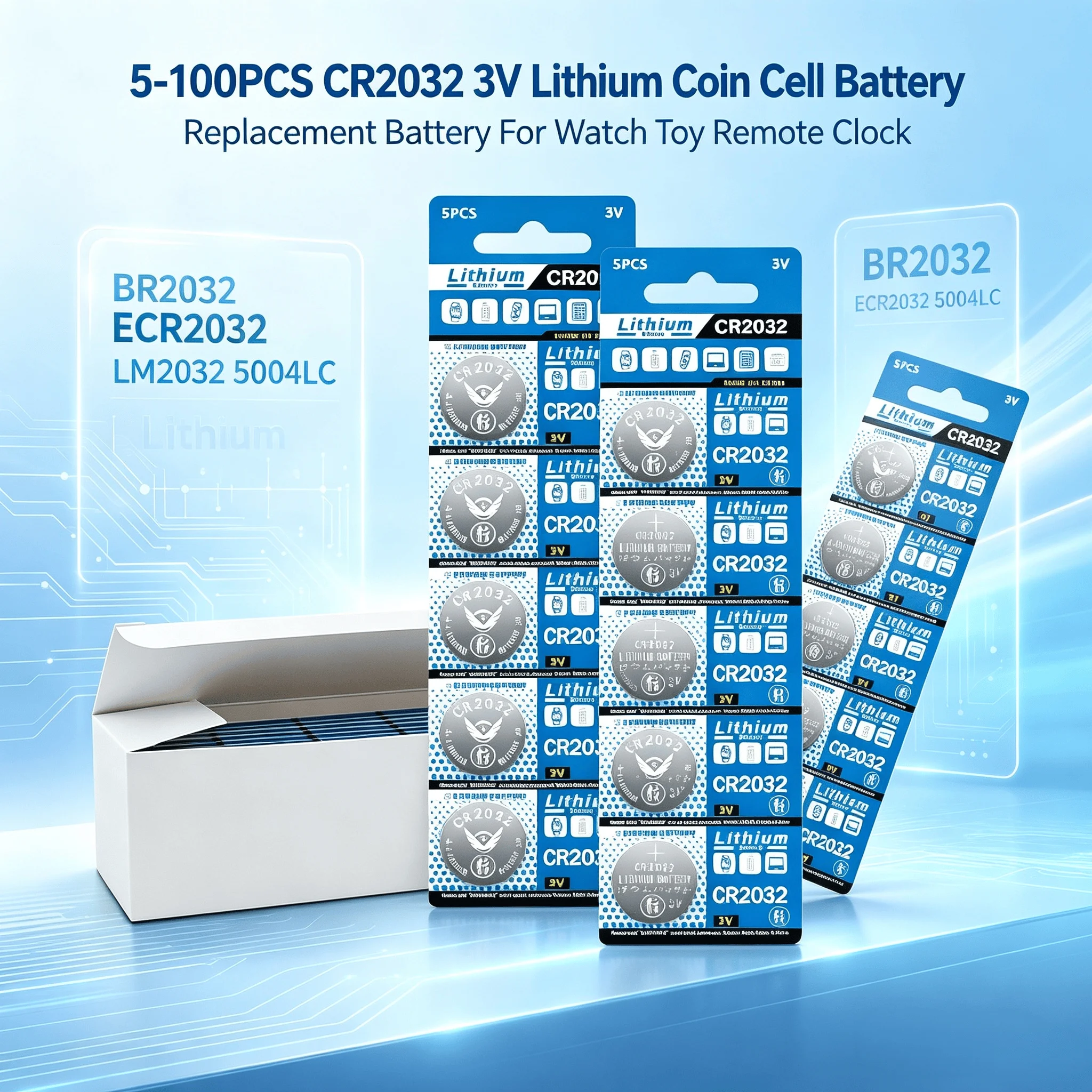 5-100PCS CR2032 3V Lithium Coin Cell Battery BR2032 ECR2032 LM2032 5004LC Replacement Battery For Watch Toy Remote Clock