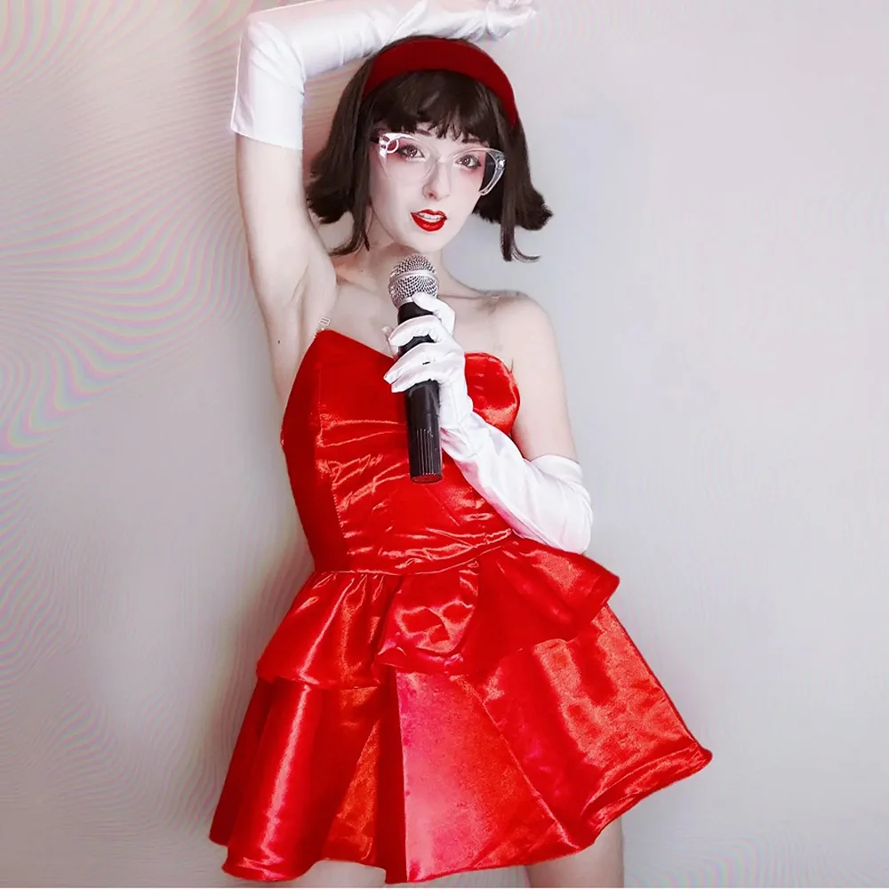 Perfect Blue Mima disfraz de Cosplay, vestido de tubo rojo sin tirantes con diadema, medias hasta el muslo y guantes