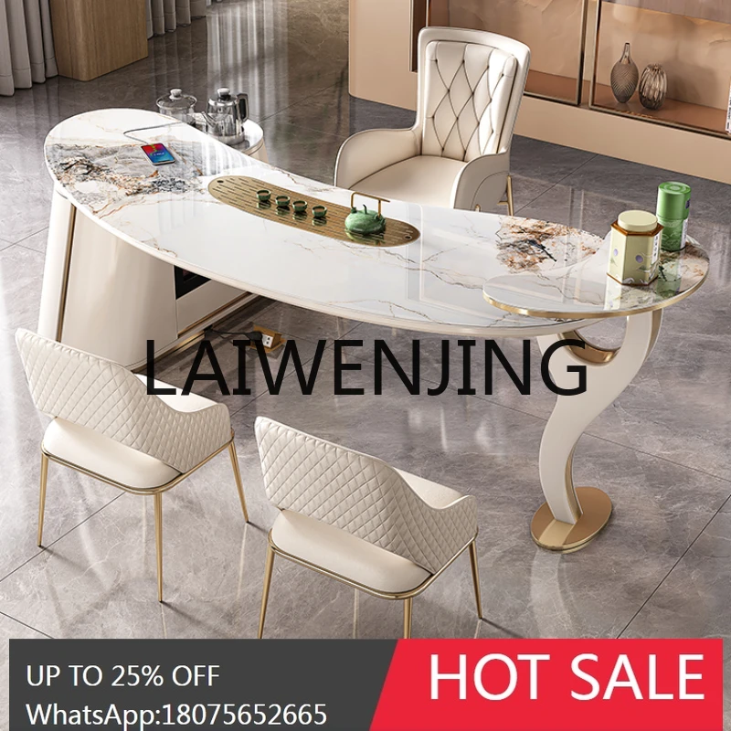 

RWJ Light Luxury Stone Plate Tea Table Simple Tea Brewing Sets Creative Arc Table-Chair Set