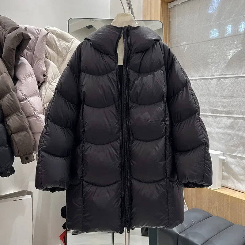 Europejska i amerykańska zimowa nowa kurtka puchowa damska, luźna, do dojazdów do pracy, wiatroodporna, z kapturem, 90% biały puch kaczy, ciepła kurtka.