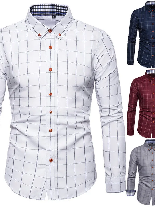 

Slim Fit Long Sve Plaid Print irt Men's Faion Casual Wear Polyester Blend Fabric European Sle No ket Design