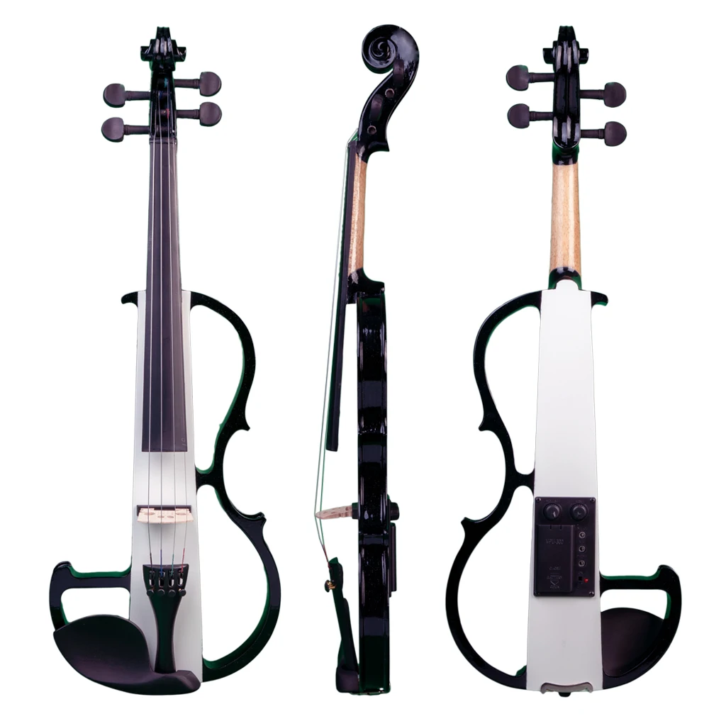 Black & White Advanced Electric Full Size Violin Solidwood Silent Violin Carrying Case Audio Cable Bow Kits For Beginner Student