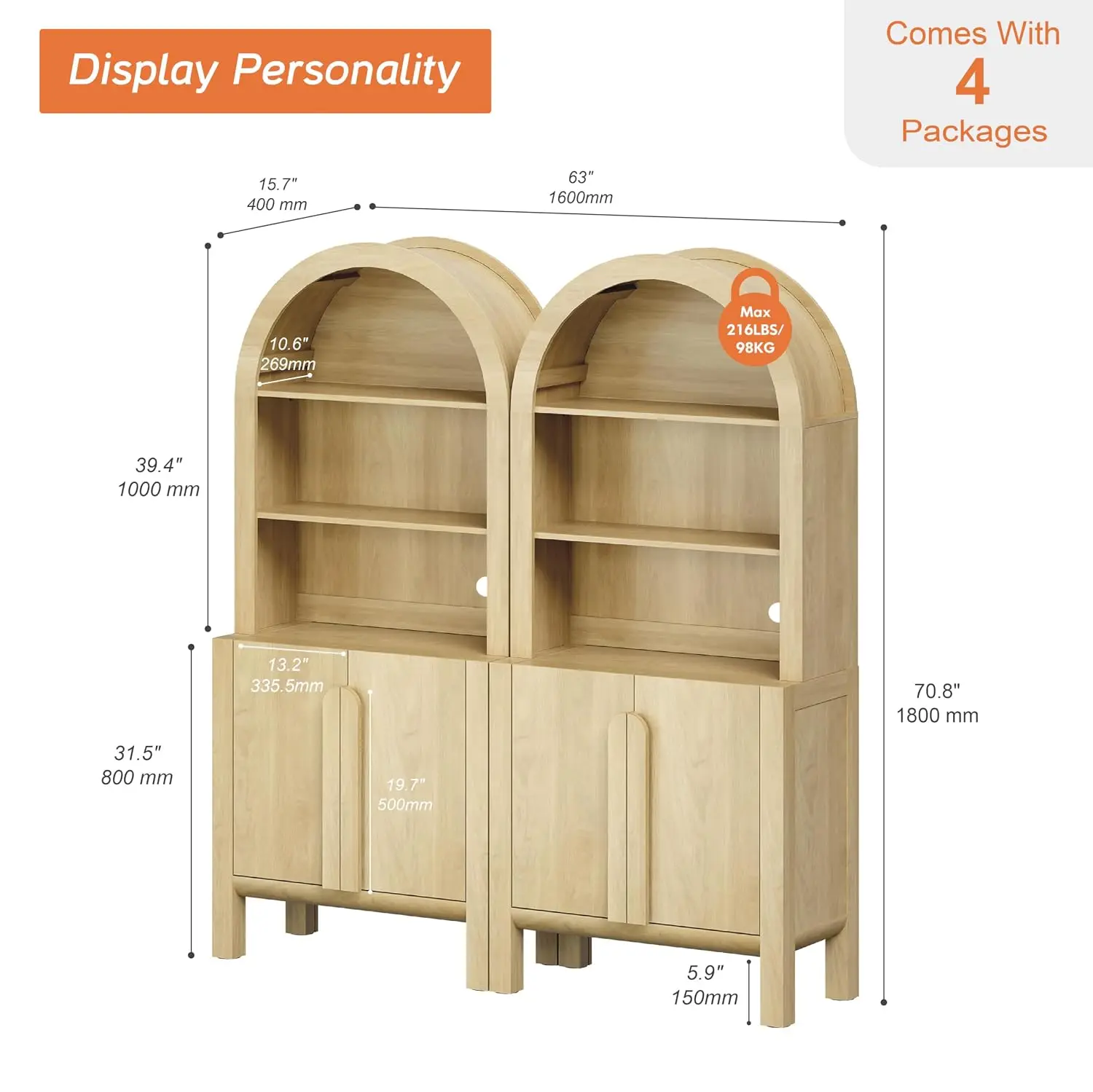 Arched Kitchen Pantry Cabinet 5 Tiers Farmhouse Bookcase Doors Adjustable Shelves Kitchen Dining Room Oak 2 PCS, Customized