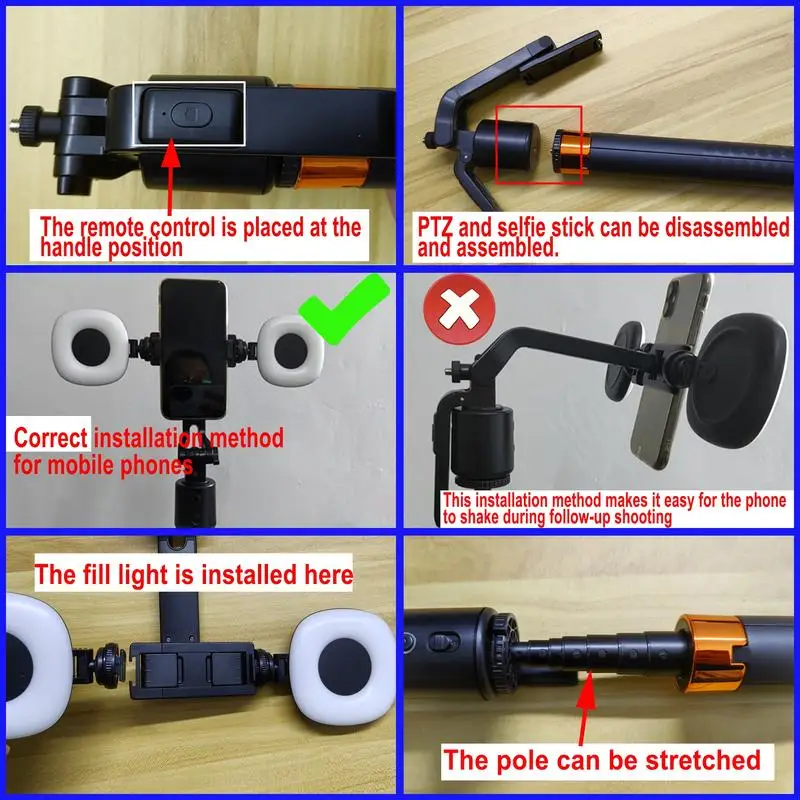 360 ° Drehbarer Selfie-Stick Stativ Wiederaufladbar Smart Face Tracking Stativ mit 2 LED-Leuchten Handyhalterung für Live-Streaming Vlog – Detail 6
