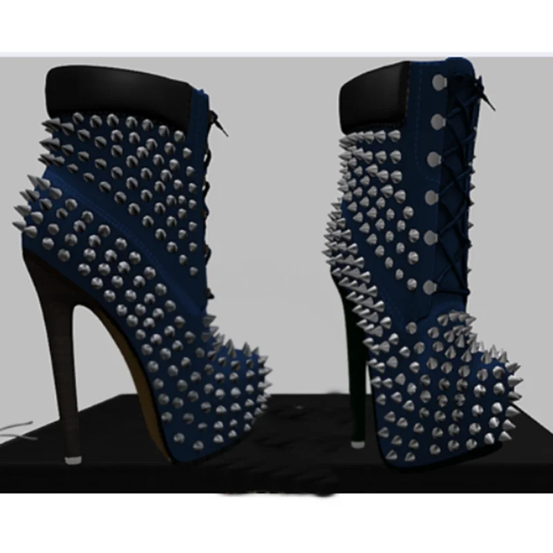 

Blue Rivet Lace Up Platform Boots Thin High Heel Pointed Toe Fashion Sexy Cool 2024 Winter Big Size Woman Shoes Zapatillas Mujer