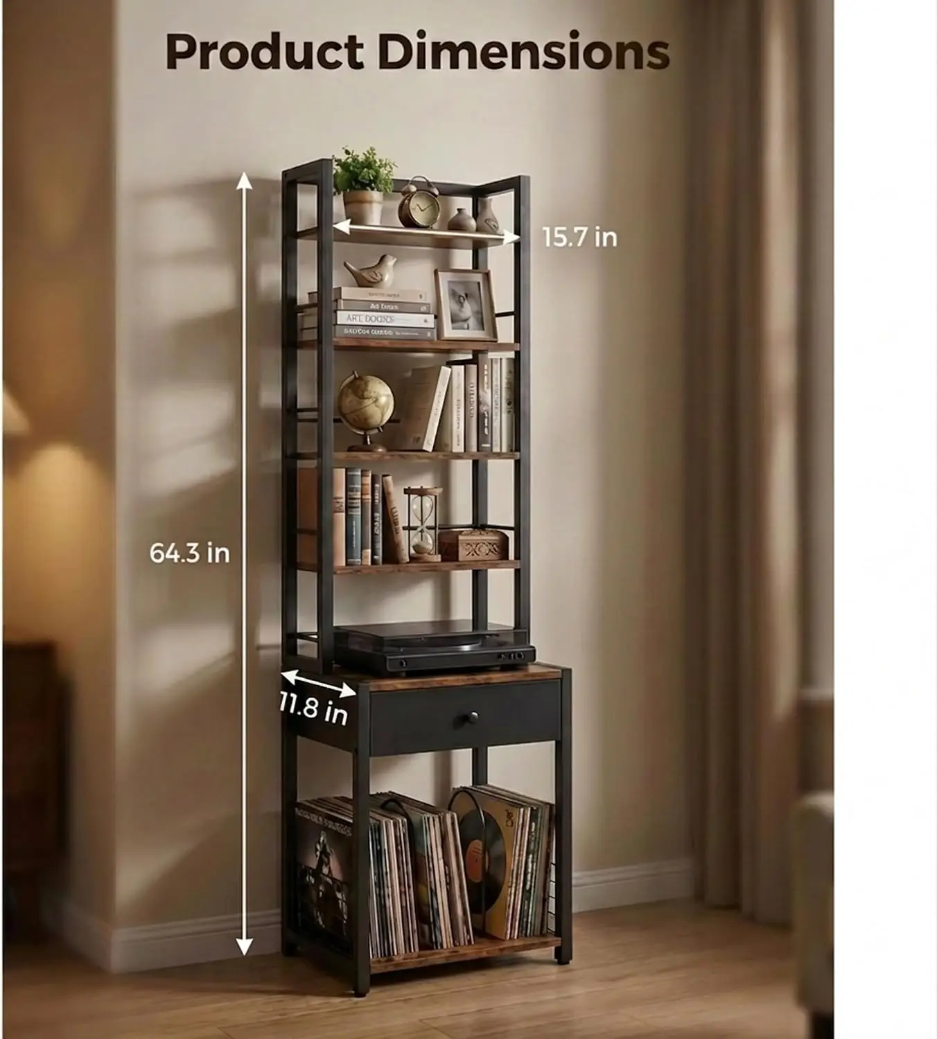 CD Storage Rack, 6-Tier DVD Organizer Shelf with Drawer & Adjustable Book Stoppers, Vinyl Record Holder &Multi-Purpose Media Org