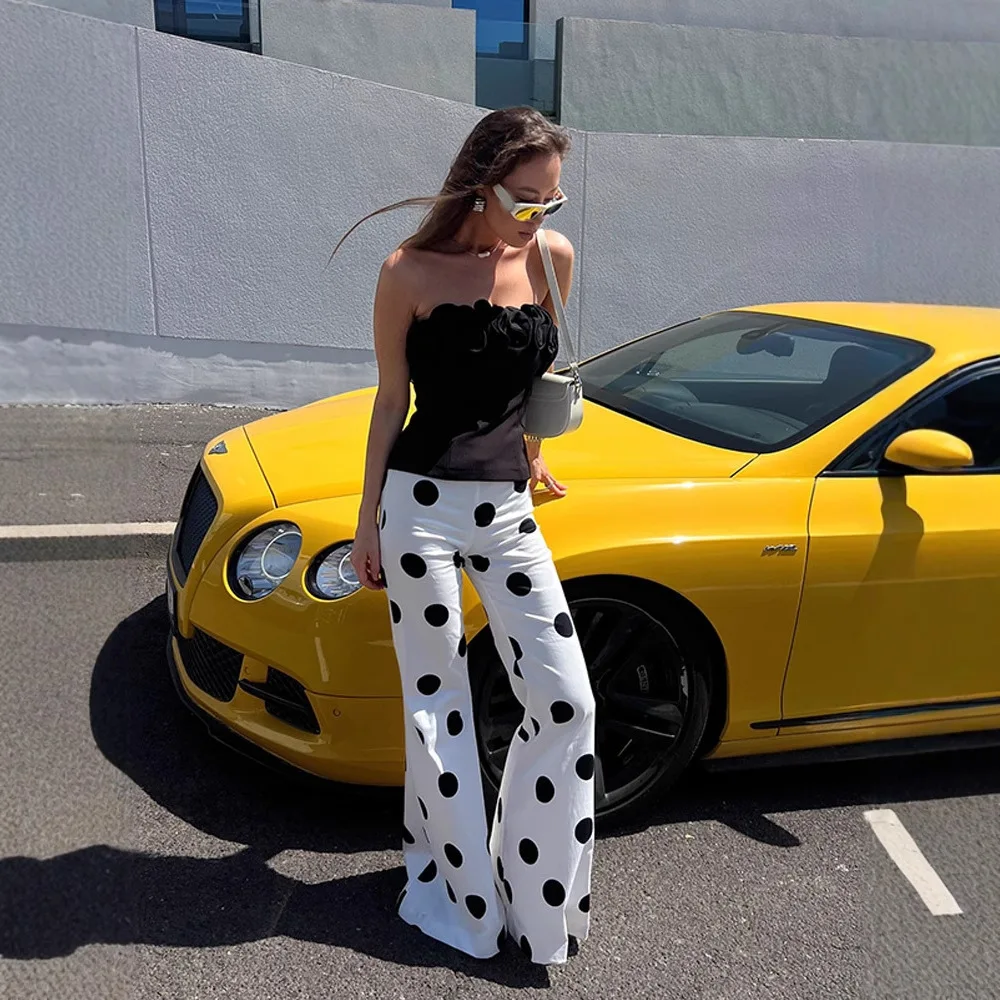 Polka dot chique senhora 2 peça conjunto verão casual outfit feminino férias streetwear sem alças colheita topos cintura alta calças de perna larga terno