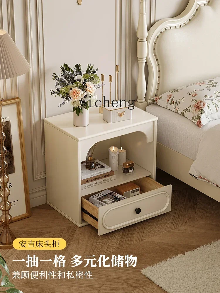 DSA cream wind solid wood bedside white locker small apartment household bedroom storage cabinet