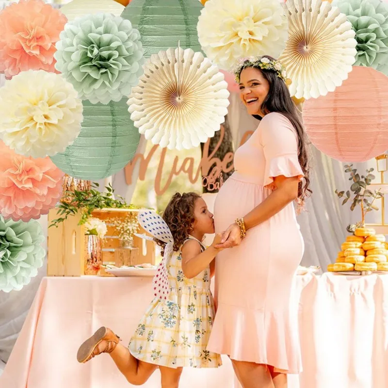 Bebê menino menina 1st aniversário festa favor pêssego rosa conjunto bola de papel redonda lanterna dobrável batismo decoração casamento sage verde pompom