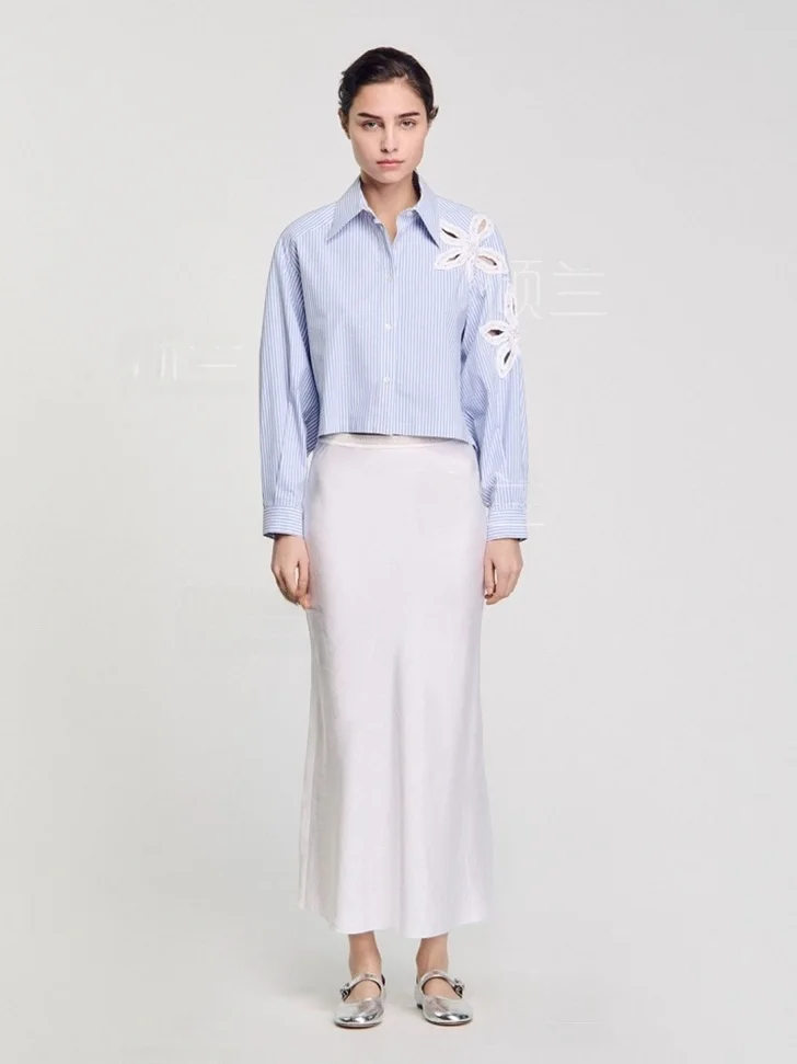 

Qinglan Spring Summer New Women's irt Wave Sle Hollow out Stripe Design Diamond Decorated Loose Fit Long Sve Button up