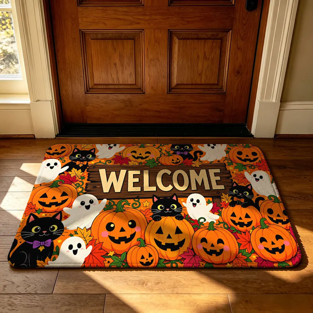 1pc Halloween pumpkin ghost black cat welcome home door mat flannel silicone plastic anti-slip home decoration entrance door