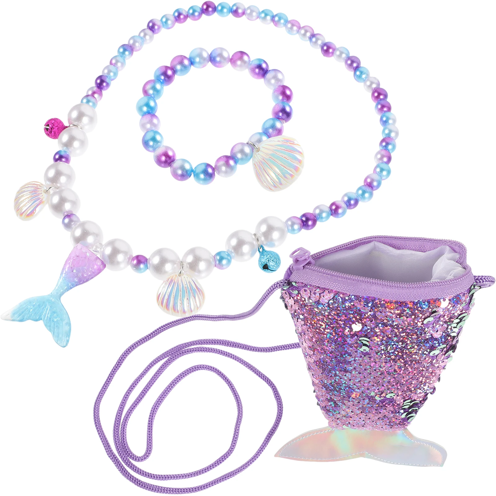 

Mermaid Jewelry Set Purple Necklace Bracelet Earrings Kids Cartoon Sea Party Accessories Little Girl Gift Safe Material