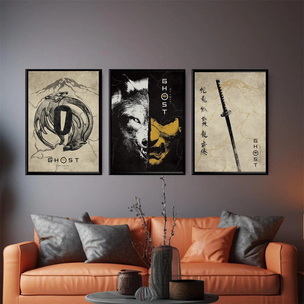 Póster del Juego Ghost of Yotei, Imagen Retro de Samurai con Katana, Arte Moderno para Decoración de Sala de Estar