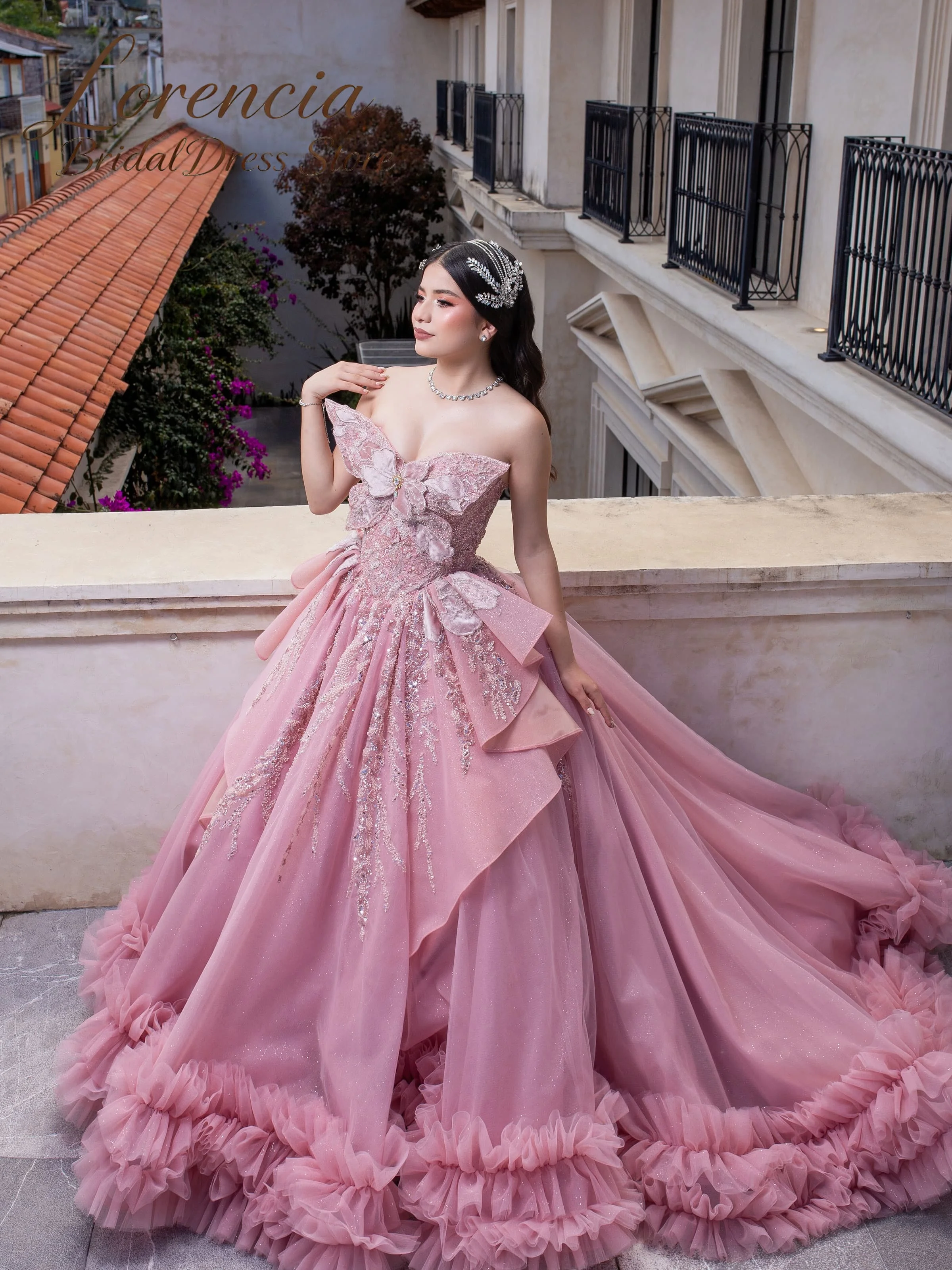 Customized Strapless 3D Butterfly Quinceanera Dresses Heavy Beaded Ruffled Birthday Party Sweet 16 Ball Gown Vestidos De 15 Anos