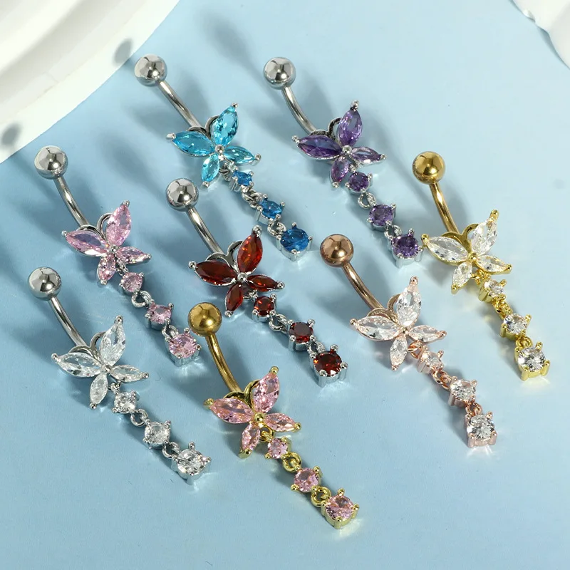 14GA Golden Butterfly with Dangling Flower 316L Stainless Steel Navel Belly Button Ring Piercing Jewelry view 3