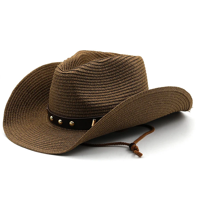 Straw Cowboy Hat with Metal Plated Hatband Shapeable Cowgirl Jazz Caps For Dad Summer Western Sombrero Vacation Beach Sunhat