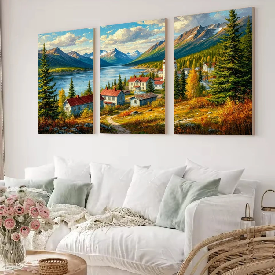 Mountain and Sea Scenery Picture Diy Diamond Painting Triptych House Landscape Full Drill Mosaic Embroidery Kits 3 Pieces/Set