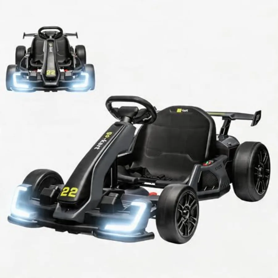 Go Kart Elettrico 24V con 2 Motori da 150W, Sedile Regolabile, Velocità 8 mph, Luci LED, Grigio, Giocattolo per Esterni per Bambini dai 6 ai 15 Anni