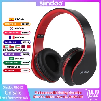 Siindoo JH-812 Auriculares Bluetooth rojos Auriculares de música estéreo plegables FM y compatible con tarjeta SD con micrófono para móvil Samsung PC TV