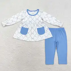 Boutique wholesale Toddler girls blue bow outfits Clothing Kids long Sleeves leggings Sets Children hot sale winter clothes