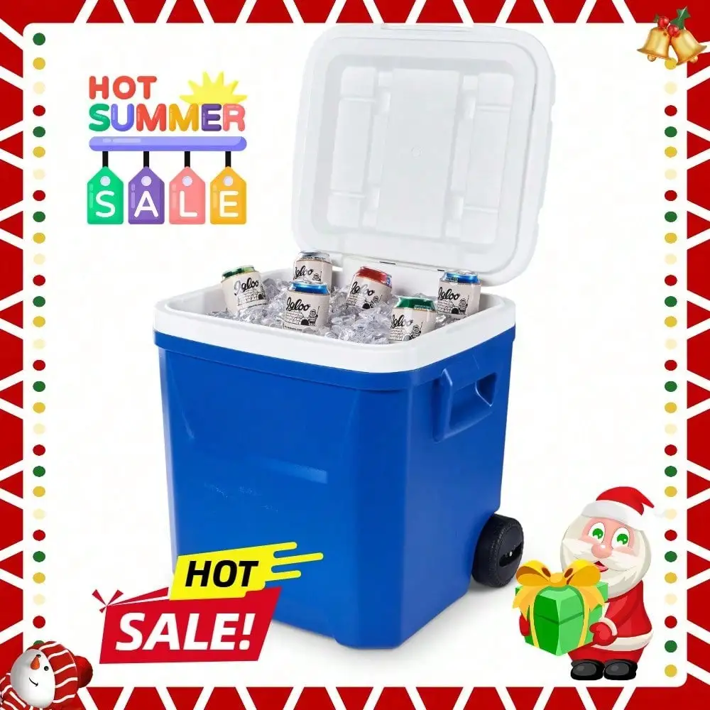 

Portable 60 QT thermally insulated cooler with wheels for easy transport and built-in drain plugs to drain melted ice