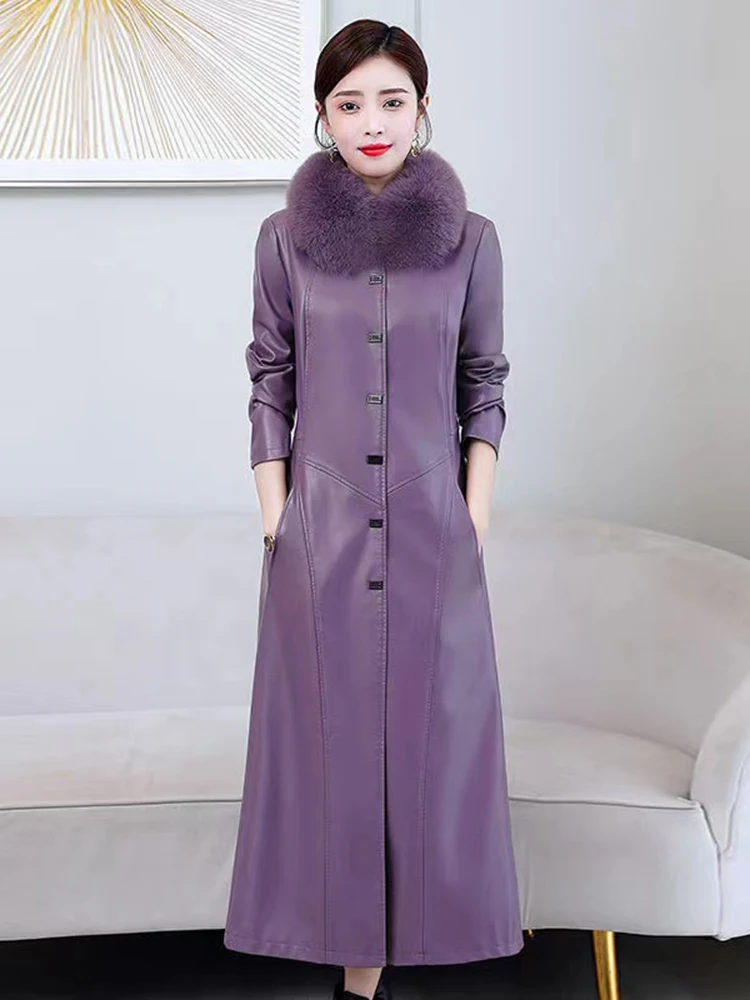 Giacca in Vera Pelle da Donna per Primavera e Autunno, Lunghezza Media, Stile Coreano, Vestibilità Slim, Collo in Pelliccia, Fodera in Cotone