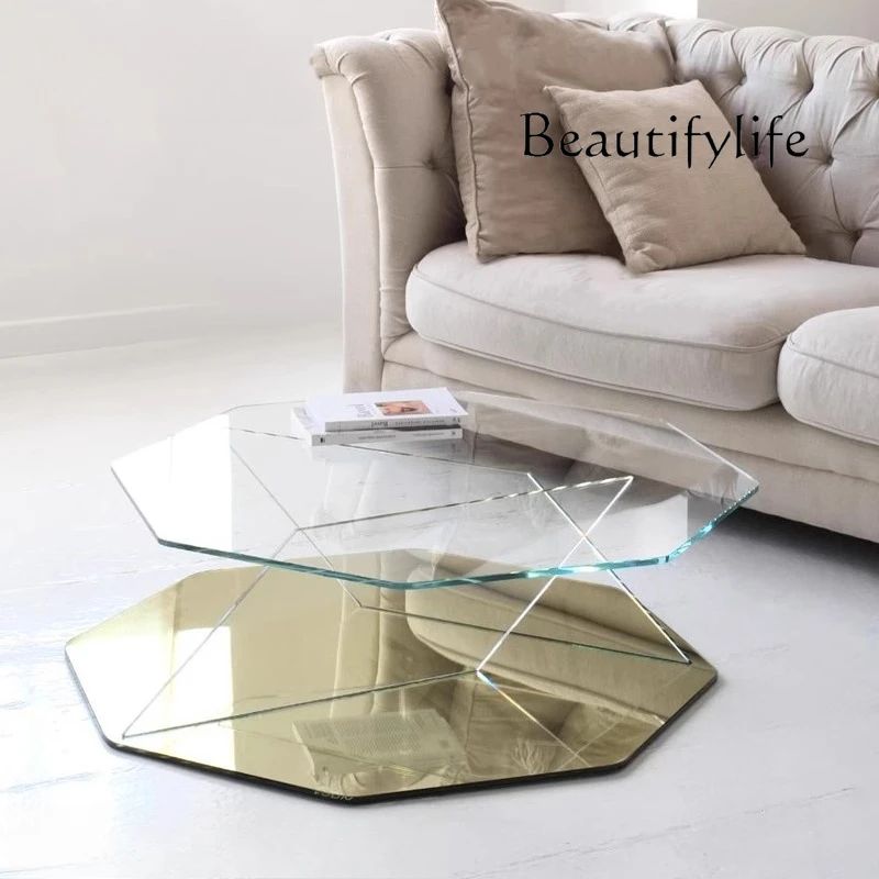 

Italian light luxury tempered glass coffee table villa home mirror glass sofa edge polygonal creative coffee table
