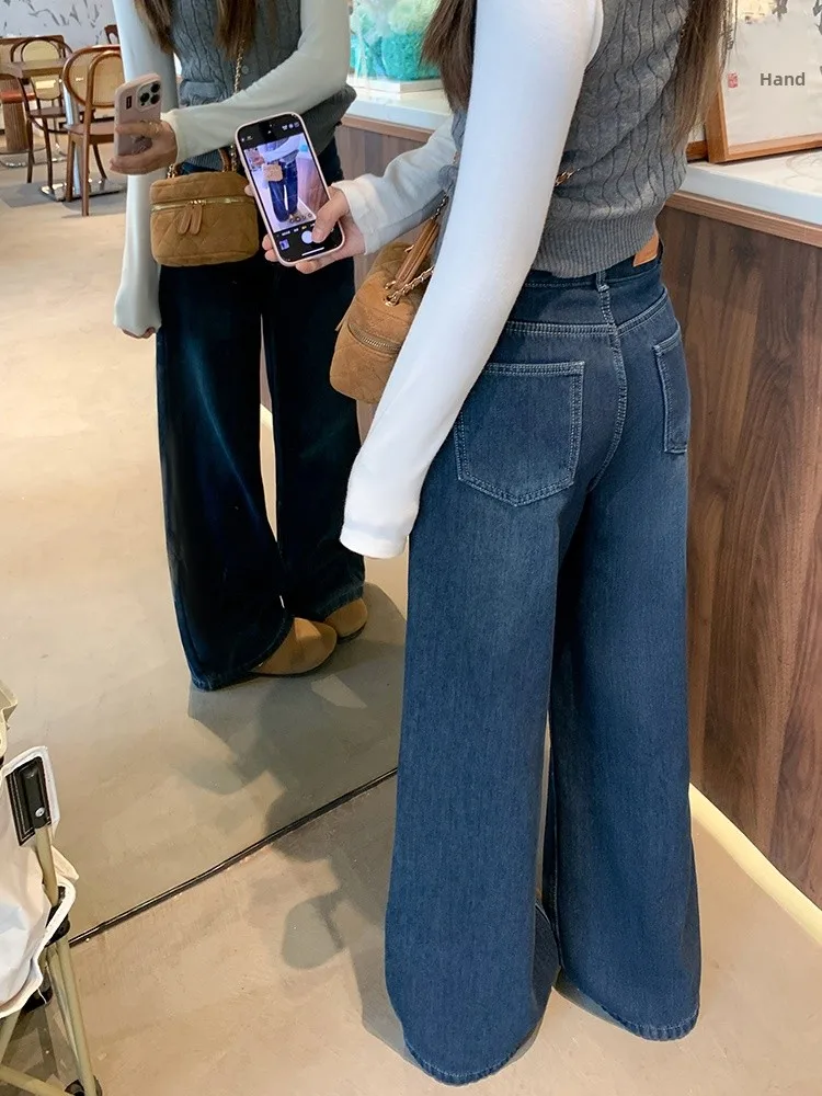 

Широкие джинсы с высокой талией на подкладке, женские новые дизайнерские весенние темно-синие утягивающие джинсы, удобные длинные брюки
