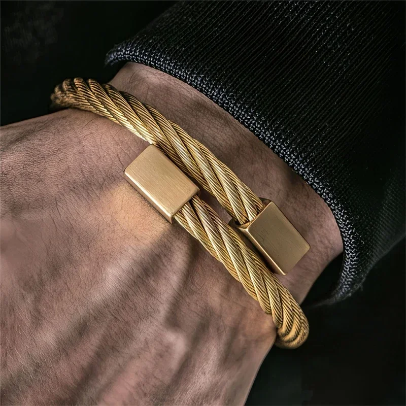 Titanium Steel Charm Cuboid Open Cuff Bangle for Men Women No Fade Color Wire Rope Bracelet Female Wrist Ornament Jewelry Gift