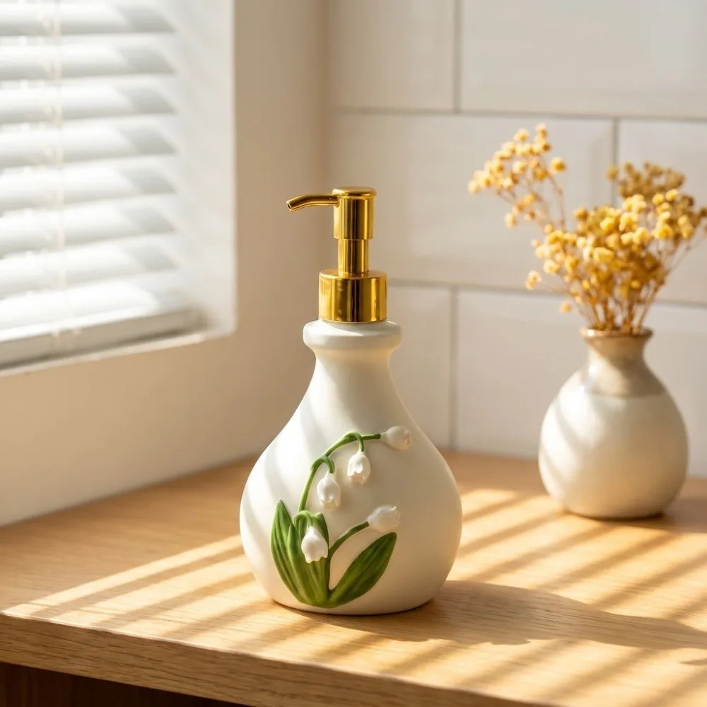 French 3D Floral Resin Soap Dispenser Vintage Elegant Bellflower of the Valley Embossed Bottle Decor Freestanding