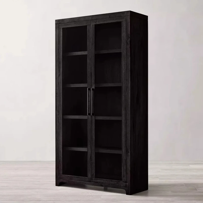 

Vintage Solid Wood Bookcase Dustproof Display Cabinet Oak Living Room Glass Door Storage Organizer