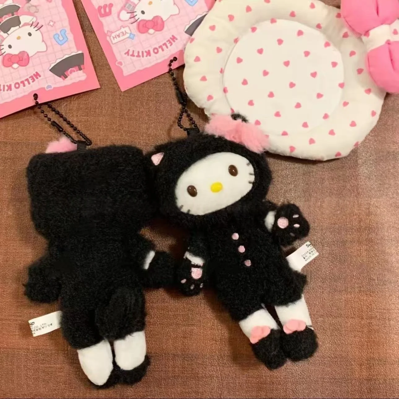Sanrio Black cat Hello Kitty Cartoon Long legged Plush Doll kawaii Daily Series Kitty cat y2k Schoolbag Pendant Keychain  Gift