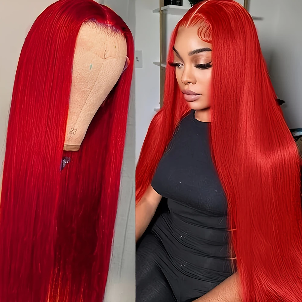 

Красный длинный прямой синтетический парик с кружевной передней частью, без клея, с предварительно выщипанной линией роста волос, термостойкий, для вечеринок