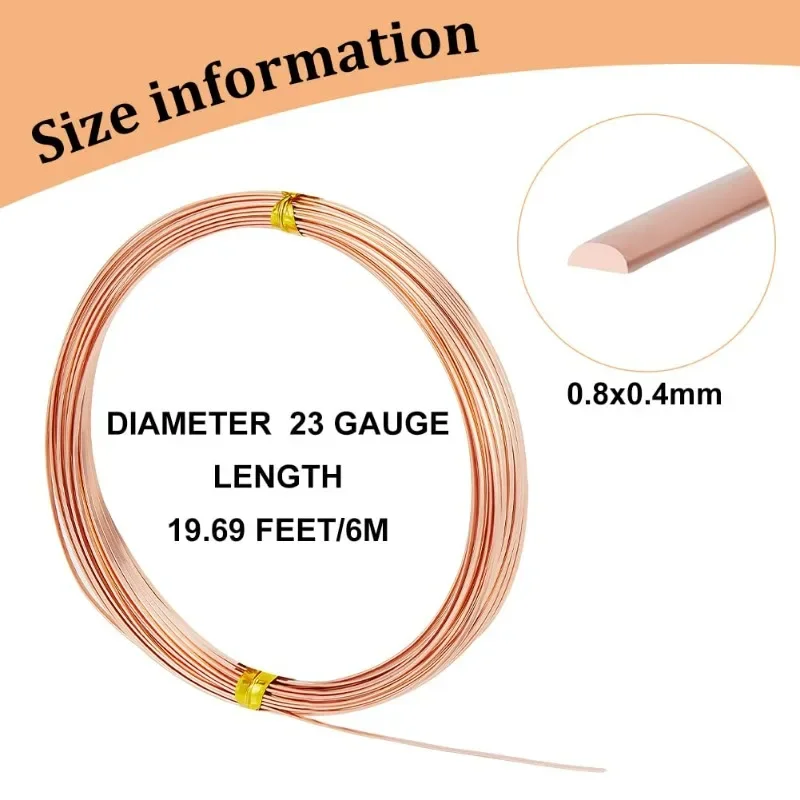 23 Gauge 20 Feet Half Round Copper Wire, 0.6mm Wide Bare Copper Beading Wire for Crafts Making Supplies