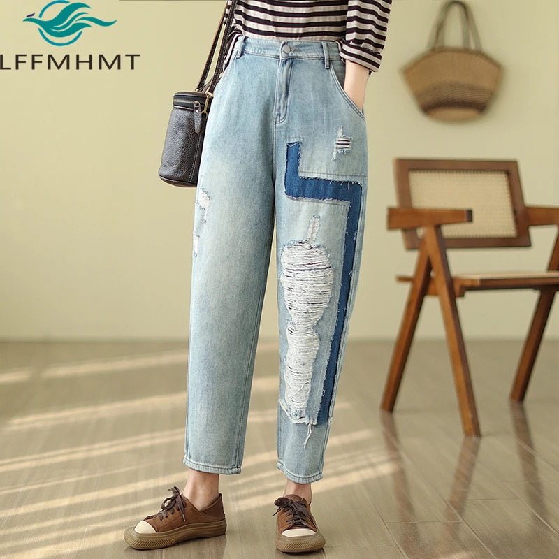 

6022 Women's Jeans Spring Fall Fashion Vintage Ripped Hole Retro Patchwork Casual Loose Denim Pants Ankle Length Harem Trouser