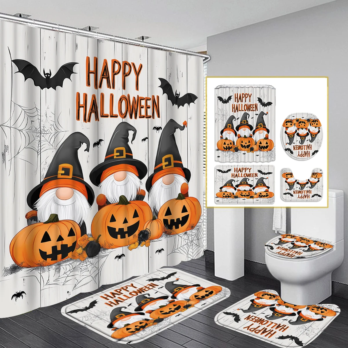 Halloween 1/4PCcartoon pumpkin bat shower curtain set waterproof shower curtain and waterproof non-slip carpet,12 hooks included