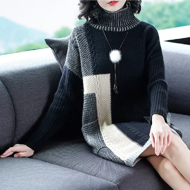 

Fashion Turtleneck Loose Spliced Pockets Casual Dresses Women's Clothing 2023 Winter Oversized Knitted Commuter Warm Mini Dress