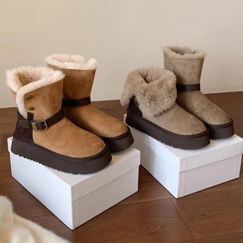 Nowe Śniegowce Damskie Platformy Pluszowe Buty Płaskie Sneakersy 2025 Zimowe Ciepłe Botki Chelsea Casualowe Buty Sportowe Wygodne Mujer Botas