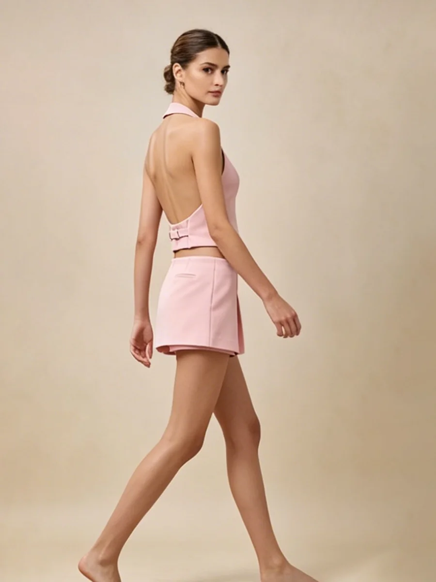 LIMO V-Neck Halter Vest Top and Pleated Mini Skirt Matching Set view 4