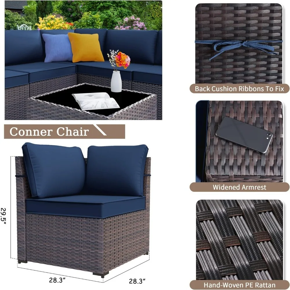 6 Pieces Patio Furniture Set, Rattan Outdoor Conversation Sets W/4 Inch Cushion And Glass Coffee Table(navy Blue)