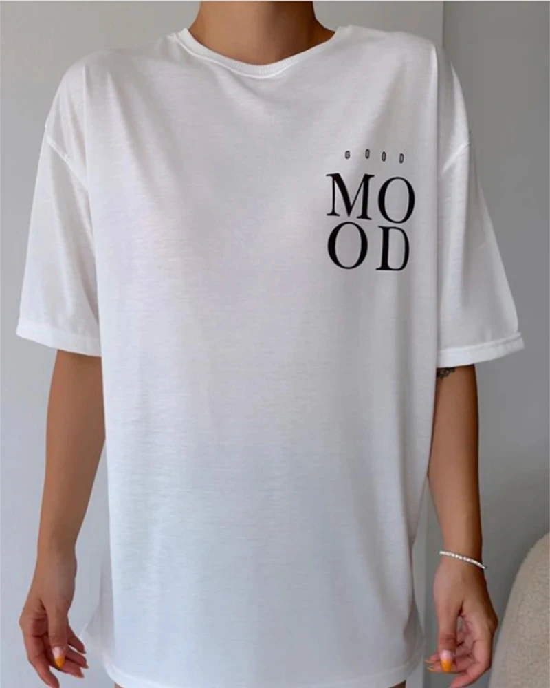 Hirsionsan Mood Letter Printed T-Shirt Women Soft Casual Loose Short Sleeve Summer Cotton Breathable Tshirt Holiday Y2k Tee