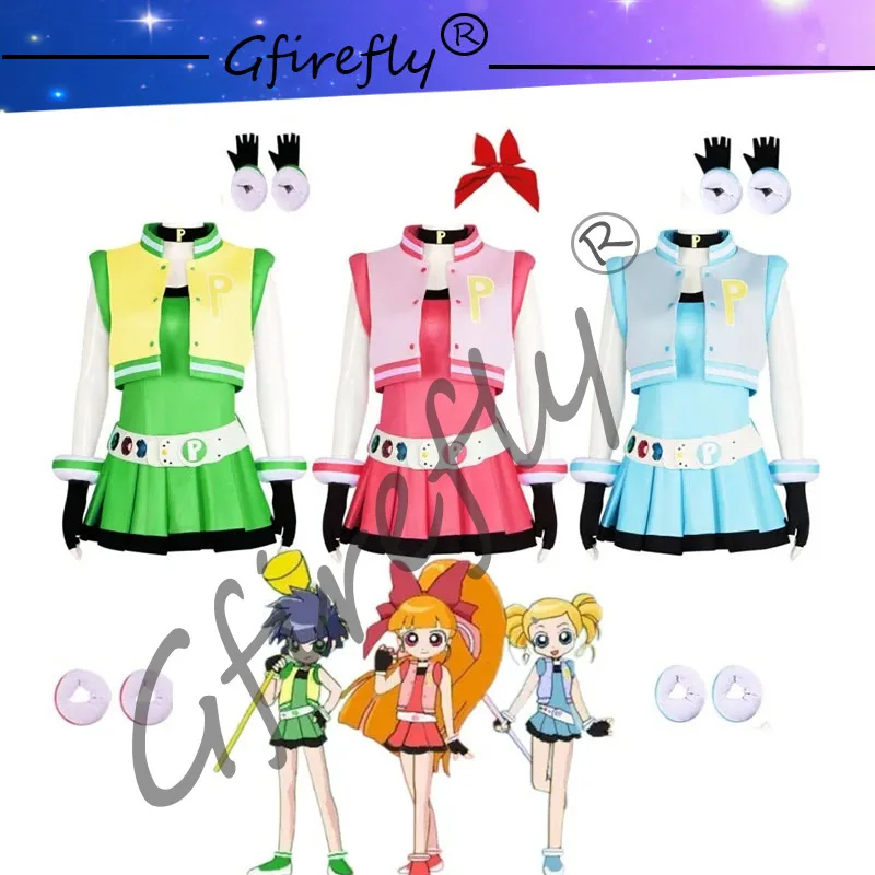 

Anime Powerpuff Girls Cosplay Girls Costume full Set Blossom Buttercup Bubbles Costume Dress With Belt Set Halloween Fancy Dress